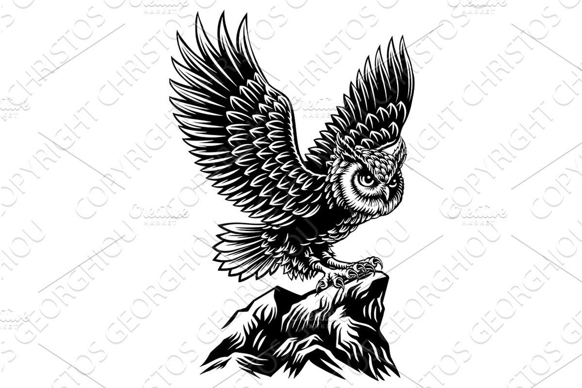 Owl Mascot Bird Wings Spread Flying, an Animal Illustration by Christos Georghiou