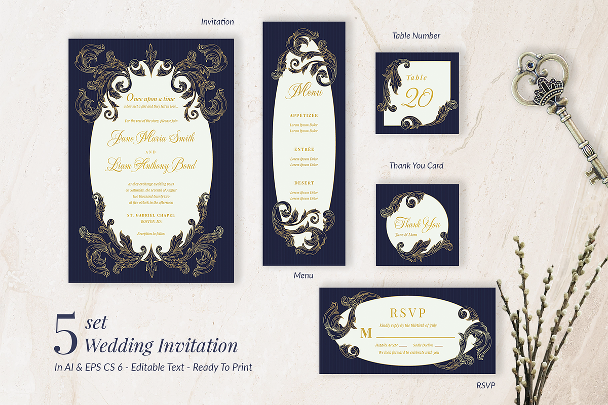 Blue & Gold Elegant Wedding Inv, an Invitation Template by Lyllopop (Photo 2 of 4)
