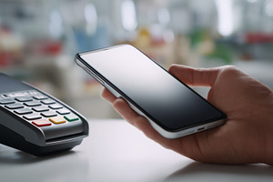 A close-up of a hand using a smartphone to make a payment at a card reader., a Business Photo by ImageMir