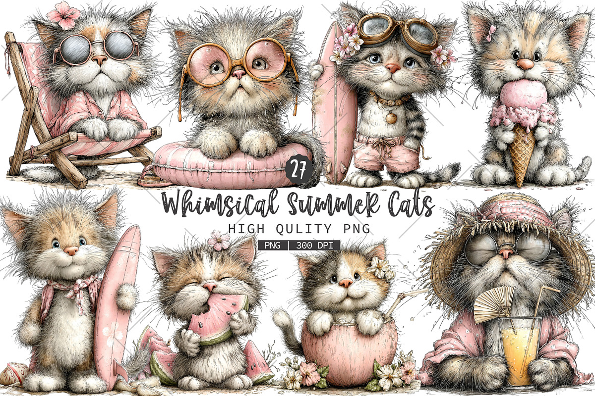 Whimsical Summer Cats Clipart, a Seasonal Illustration by OK Design (Photo 1 of 6)