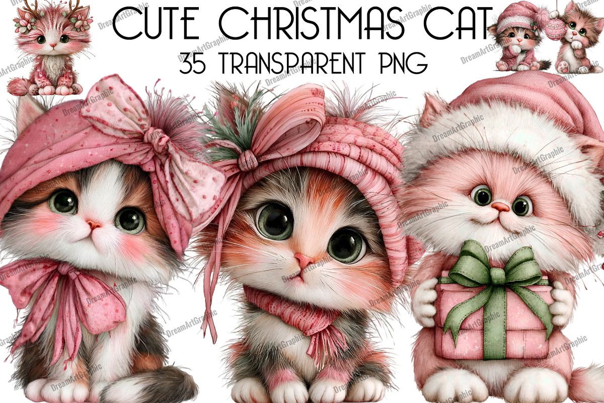 Cute Christmas Cat Clipart, an Illustration by DreamArtGraphic (Photo 1 of 5)