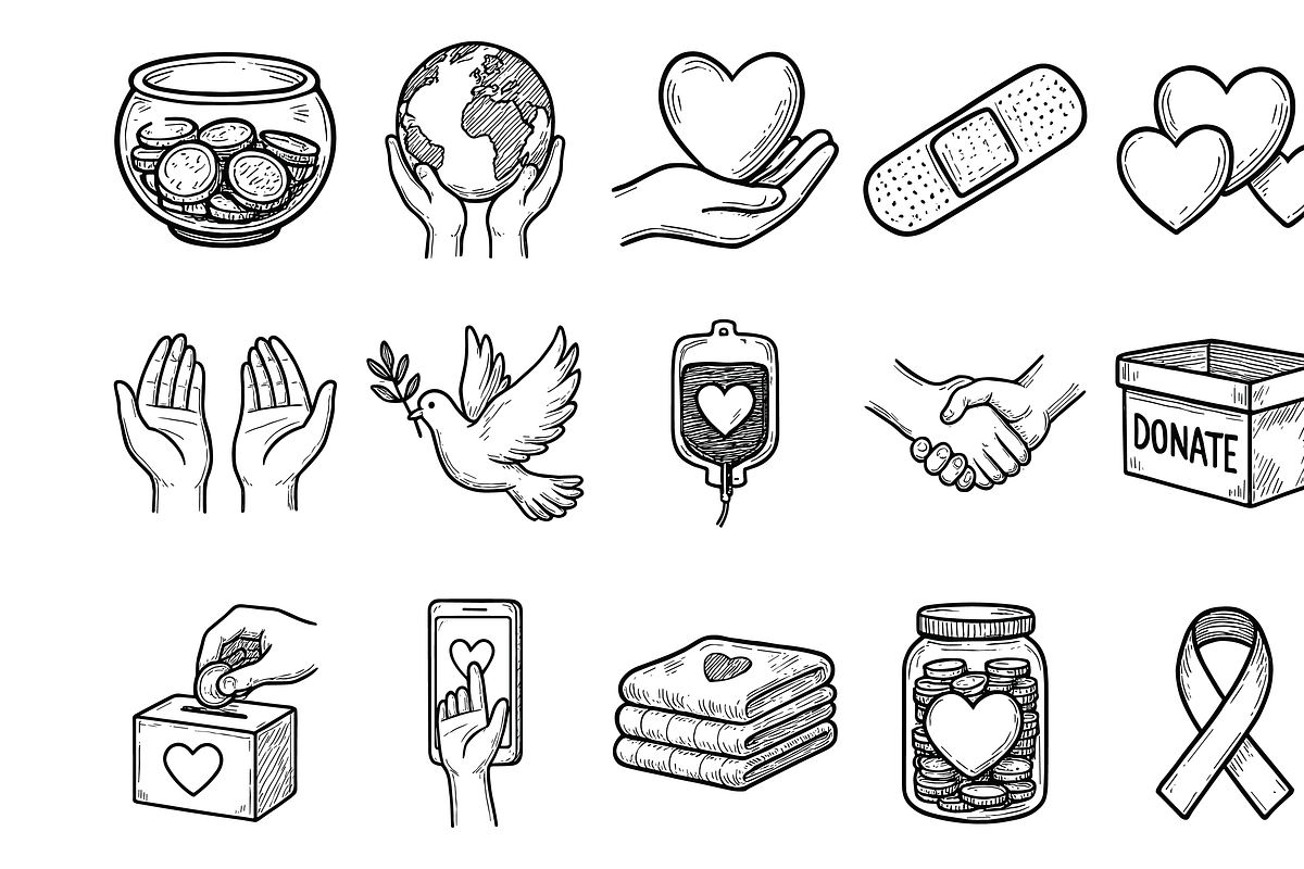 Charity and Donation Doodle Icons, an Object Graphic by nikagraphic