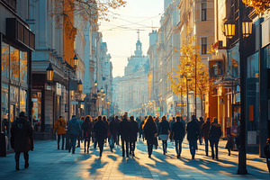 Golden Hour City Street Stroll Peopl, a Photo by Pixeness Studio