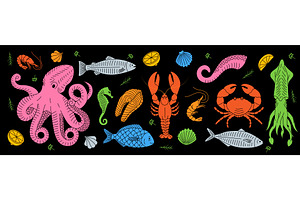 Seafood Hand Drawn Set. Sea Animal