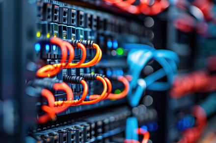 Data center rack with colorful network cables and lights, showcasing the intric, a Technology Photo by Textures & Backgrounds