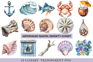 Watercolor Coastal Serenity Clipart, an Illustration by cherrydesign