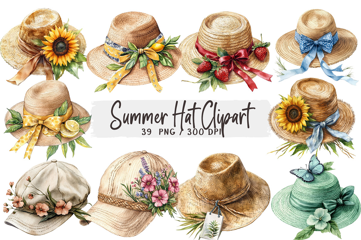 Watercolor Summer Hat Clipart, an Illustration by DreamArtGraphic (Photo 1 of 4)