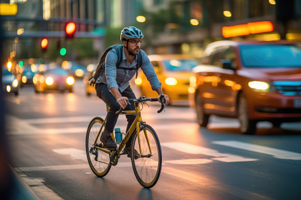 A dynamic shot of a cyclist riding through a dedicated bike lane, a Sports & Recreation Photo by designvectx