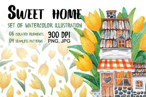 Watercolor house in yellow tulips, an Illustration by palllna