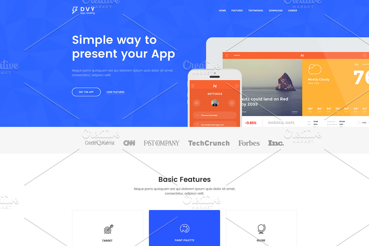 DVY App Landing Page PSD Template, an App Template by pixelgeeklab