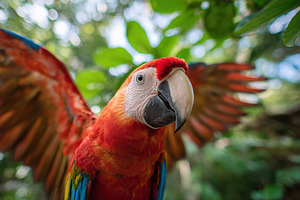 Vibrant scarlet macaw perched in lush greenery, an Animal Photo by AlyaAnd