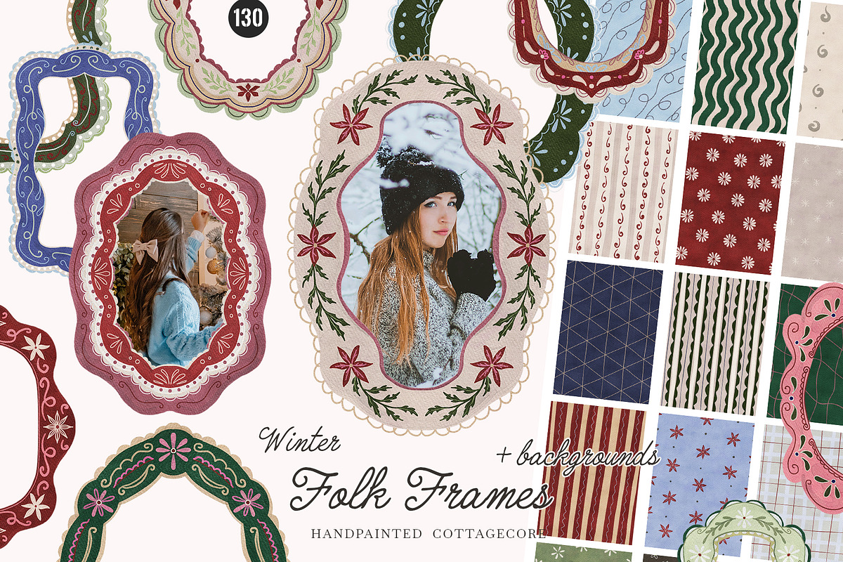 Winter FOLK Frames & Backgrounds, a Decorative Illustration by SunnyAfternoons (Photo 1 of 15)