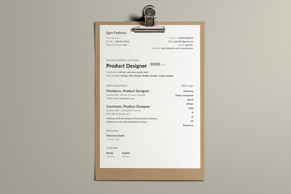 Clean CV-Resume, a Resume Template by Egor Fedorov (Photo 1 of 2)