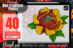 Neo Tradition Peony Tattoo Stencil