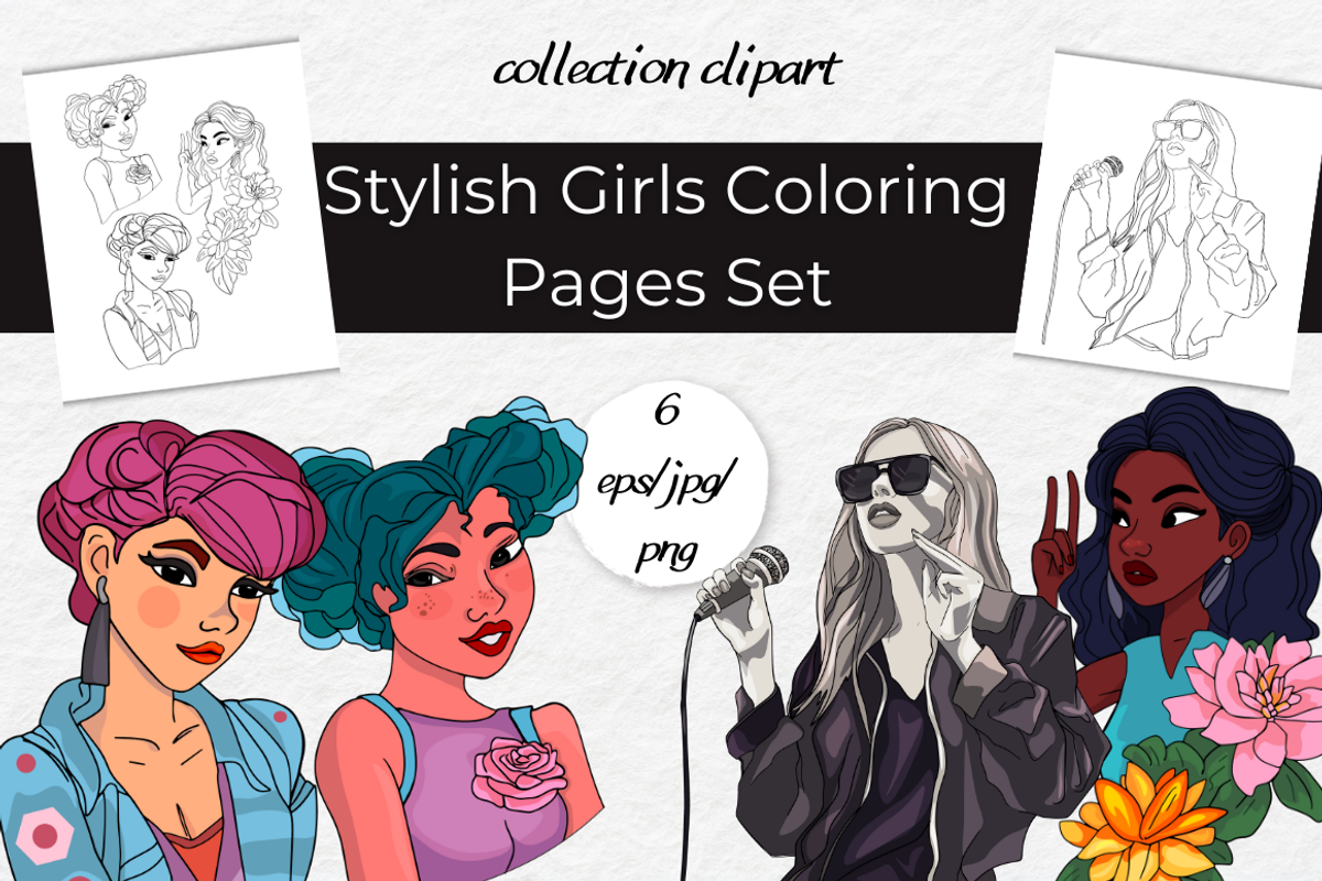 Stylish Girls Coloring Pages Set, a Decorative Illustration by InkyQueenArt (Photo 1 of 5)