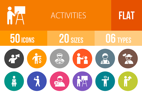 50 Activities Flat Round Icons