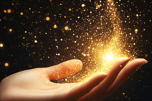 A human hand releasing a shower of shimmering golden particles against a dark b, a Background Photo by ImageMir
