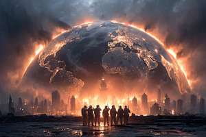 Dramatic post-apocalyptic scene with glowing earth and silhouetted figures in r, a Photo by AS photostudio