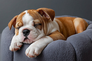 Adorable sleeping bulldog puppy resting peacefully on a plush gray pet bed., an Animal Photo by ImageMir