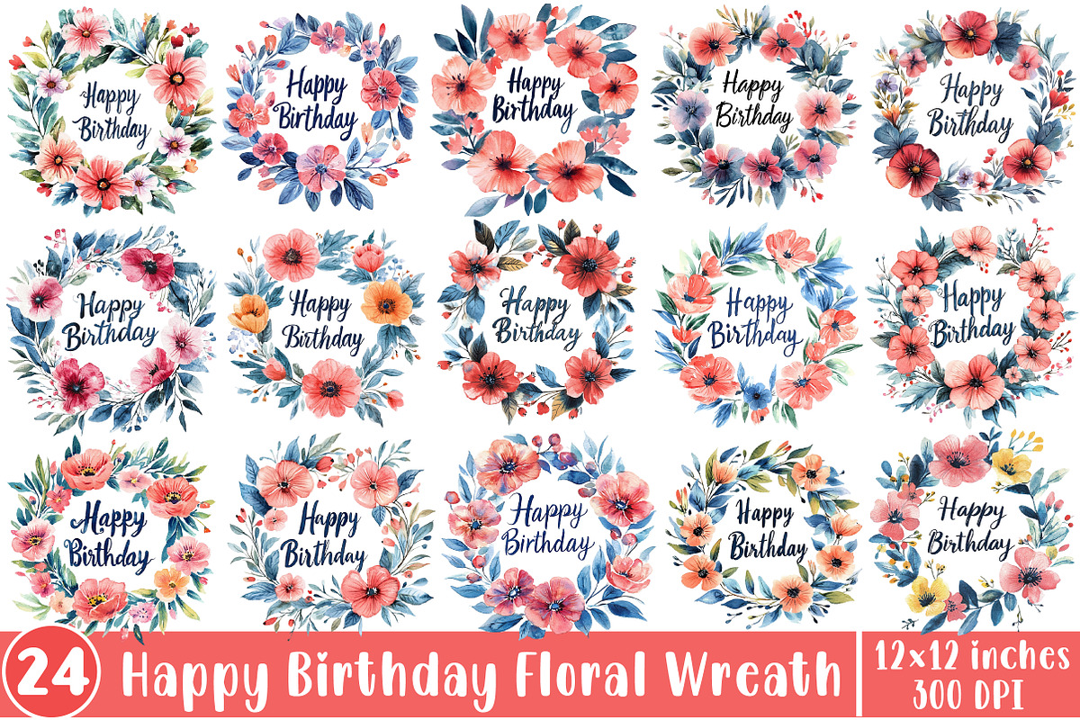 Happy Birthday Floral Wreath PNG, an Illustration by SinaCreation (Photo 1 of 5)