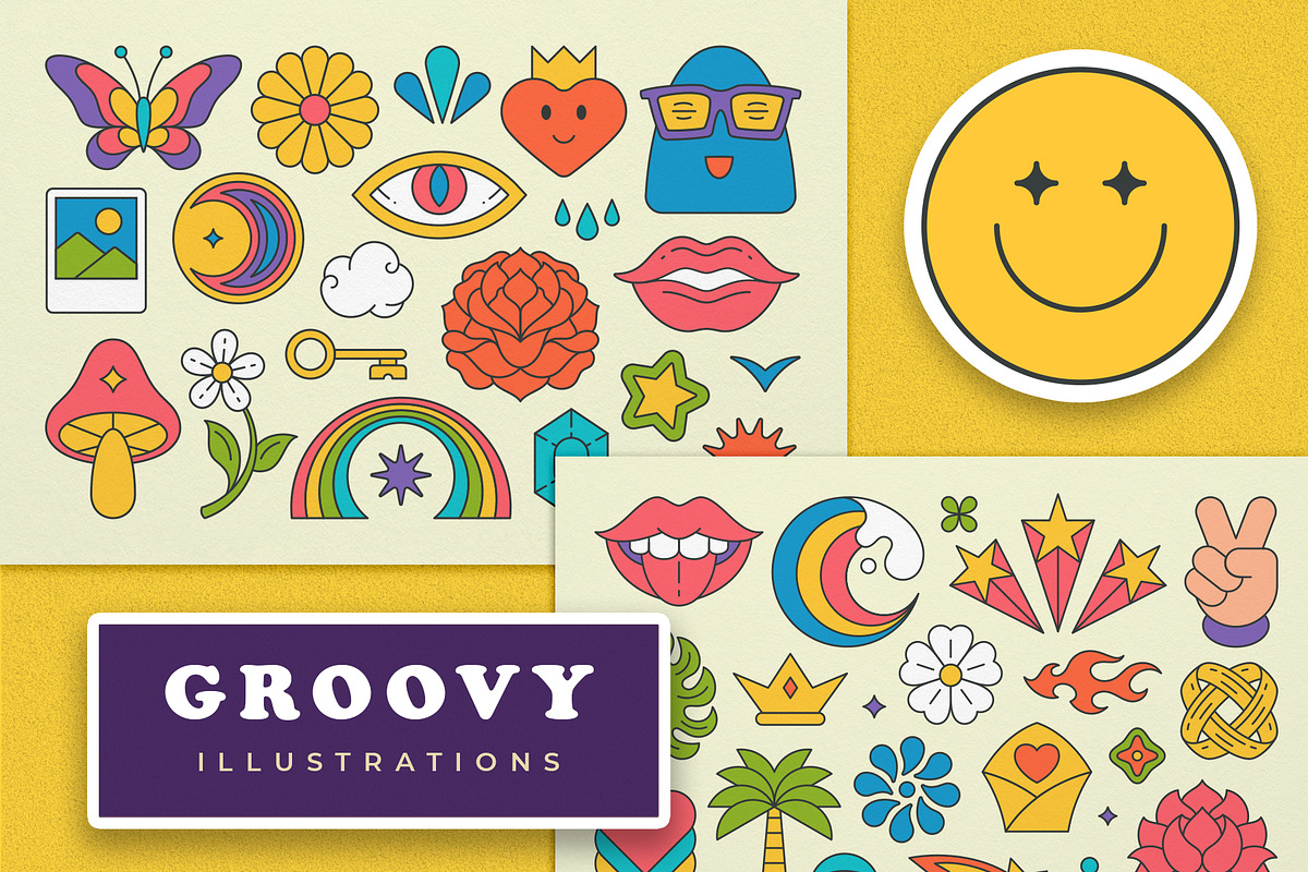 Retro groovy stickers vector set, a Decorative Illustration by Vasya ...