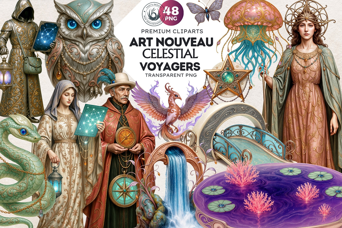 Art Nouveau Celestial Voyagers PNG, a Decorative Illustration by ThatsDesignArt (Photo 1 of 10)