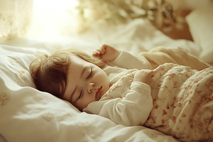 Baby girl is lying and sleeping in bed at home or hospital, a Person Photo by Lenor4ik
