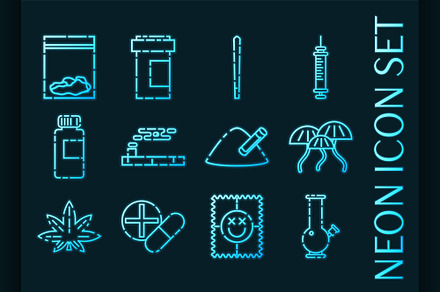 Set of Drugs Blue glowing neon icon