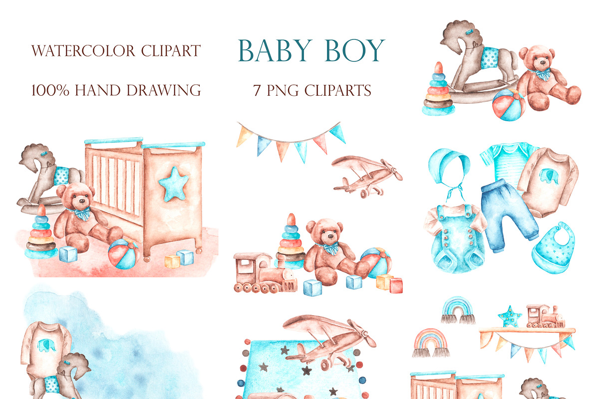Child boy watercolor set. Birthday., a Person Illustration by SabinaWatercolorArt (Photo 3 of 15)