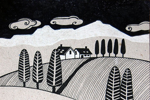 rural landscape with hay stacks