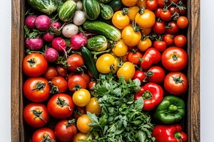 Wooden box with assortment fresh veg, a Food & Drink Photo by Pixeness Studio
