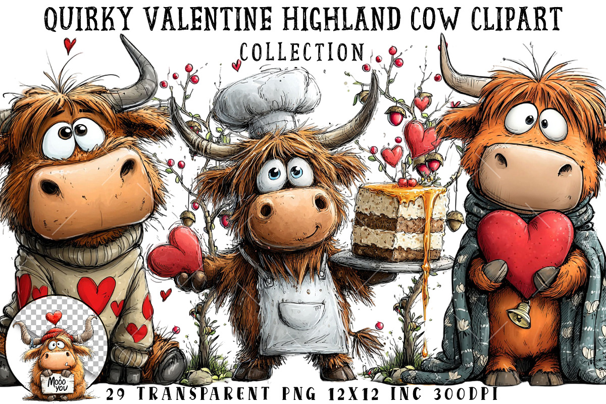 Quirky Valentine Highland Cow Clipar, an Illustration by OK Design (Photo 1 of 6)