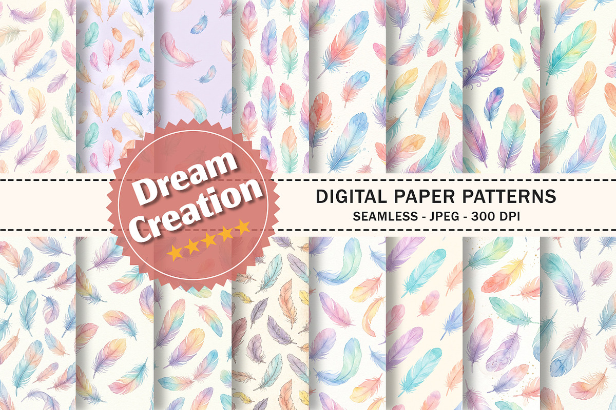 Feather Watercolor Digital Paper, a Pattern Graphic by Dream Creation (Photo 1 of 5)