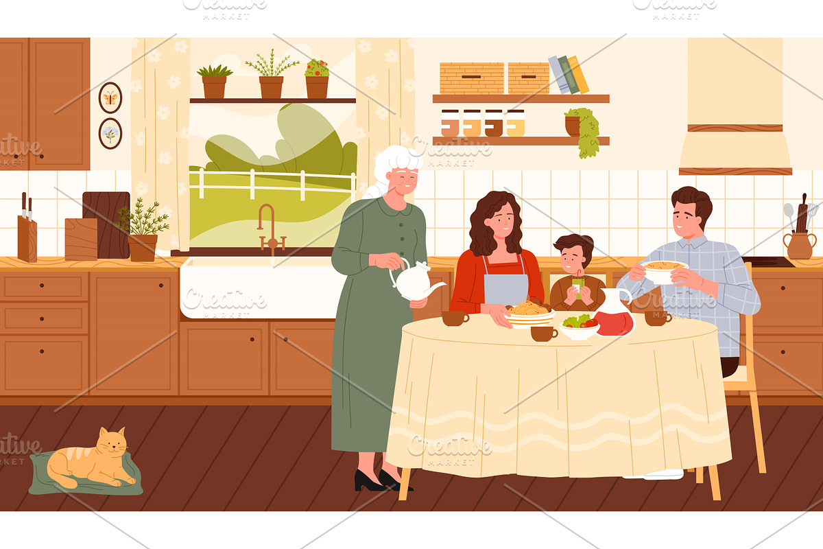 Happy family eating food of lunch or, a Person Illustration by Flashvector
