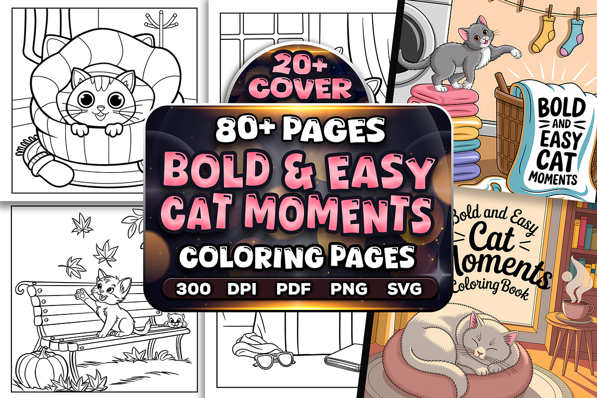 Bold Easy Cat Moments Coloring Pages, an Animal Illustration by Craftsbeefy (Photo 1 of 4)