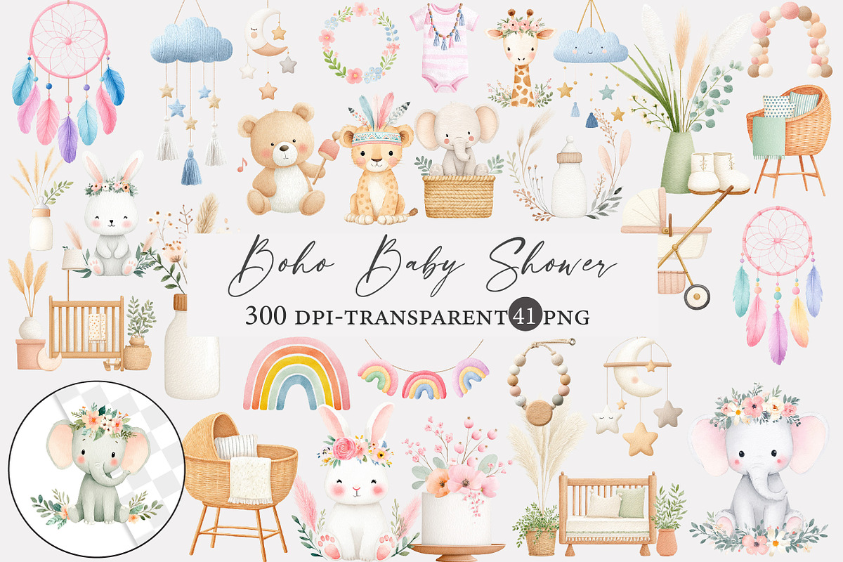 Watercolor Boho Baby Shower clipart, an Illustration by Designworld (Photo 1 of 4)