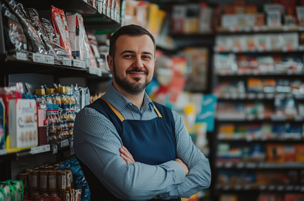 A smiling storekeeper male shopkeeper stands confidently with arms crossed in a, a Person Photo by Textures & Backgrounds