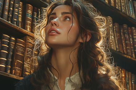 A young Caucasian woman gazes thoughtfully at the bookshelves in a cozy library, a Person Photo by ImageMir