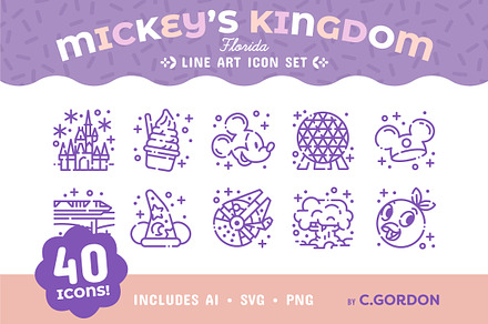 Mickey's Kingdom Line Art Icon Set, an Outline Icon by C.Gordon Illustration