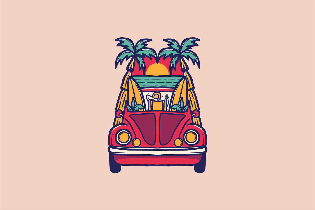 Beach Buggy with Surfboards and Palm, an Illustration by nomlimo.com (Photo 1 of 2)