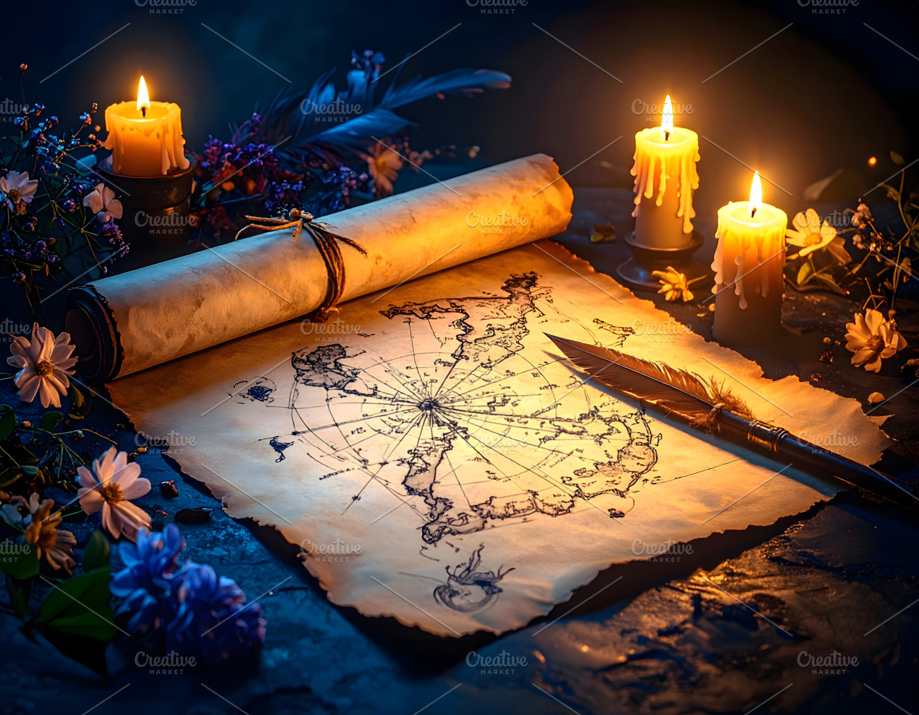 Illuminated parchment star map surrounded by flowers and candles, a Holiday Photo by GoodGoods