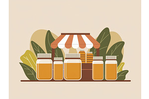 Honey jars displayed at a market, an Illustration by tilialucida