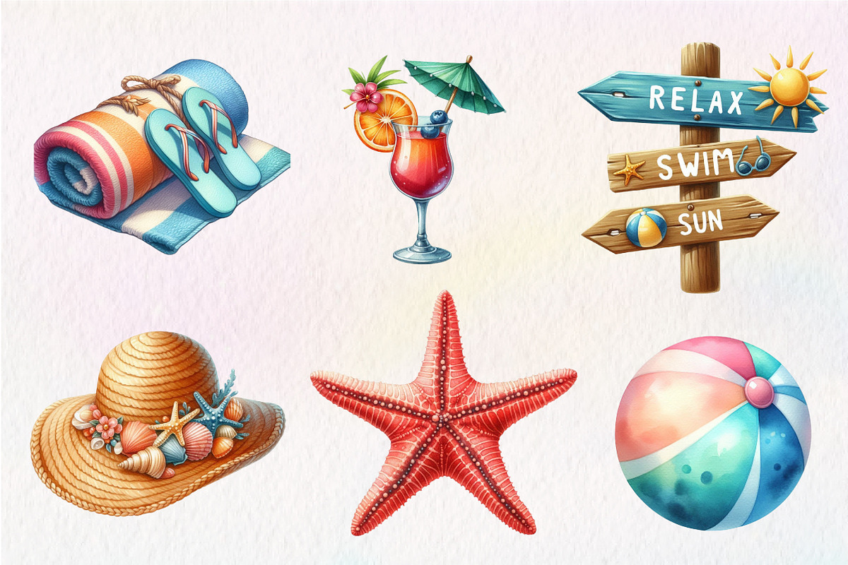 Summer Beach Watercolor Clipart, an Illustration by CreationArt (Photo 3 of 5)