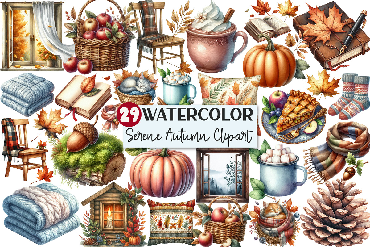 Watercolor Serene Autumn Day Clipart, an Illustration by Rose Art (Photo 1 of 7)