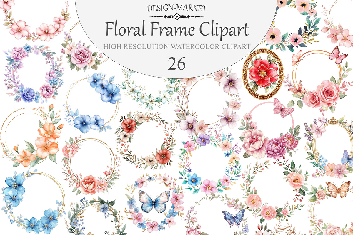 Watercolor Floral Frame Clipart, an Illustration by Design Market (Photo 1 of 3)