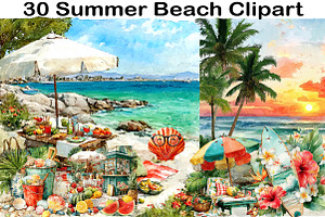 Watercolor Summer Beach Clipart, an Illustration by Black Bird Studio