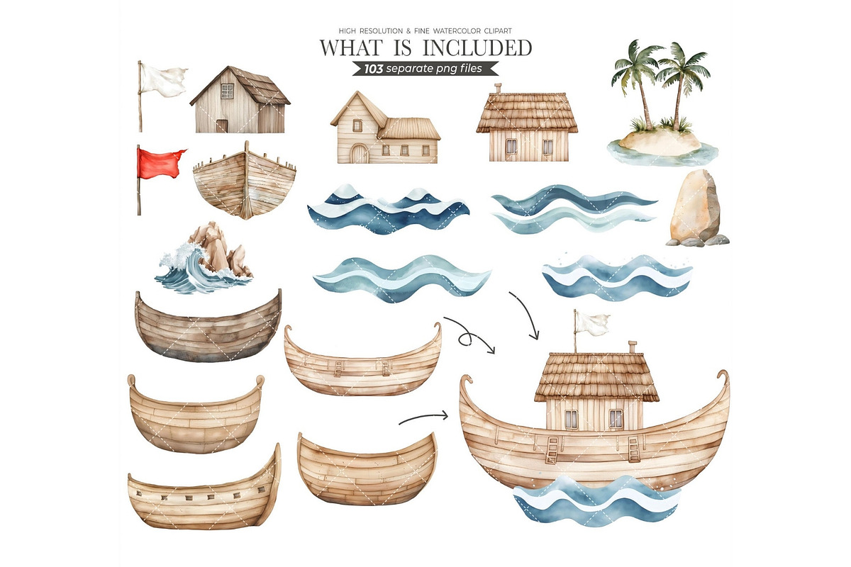 Noah’s Ark Watercolor Clipart Bundle, an Illustration by CharmClipArt (Photo 5 of 8)