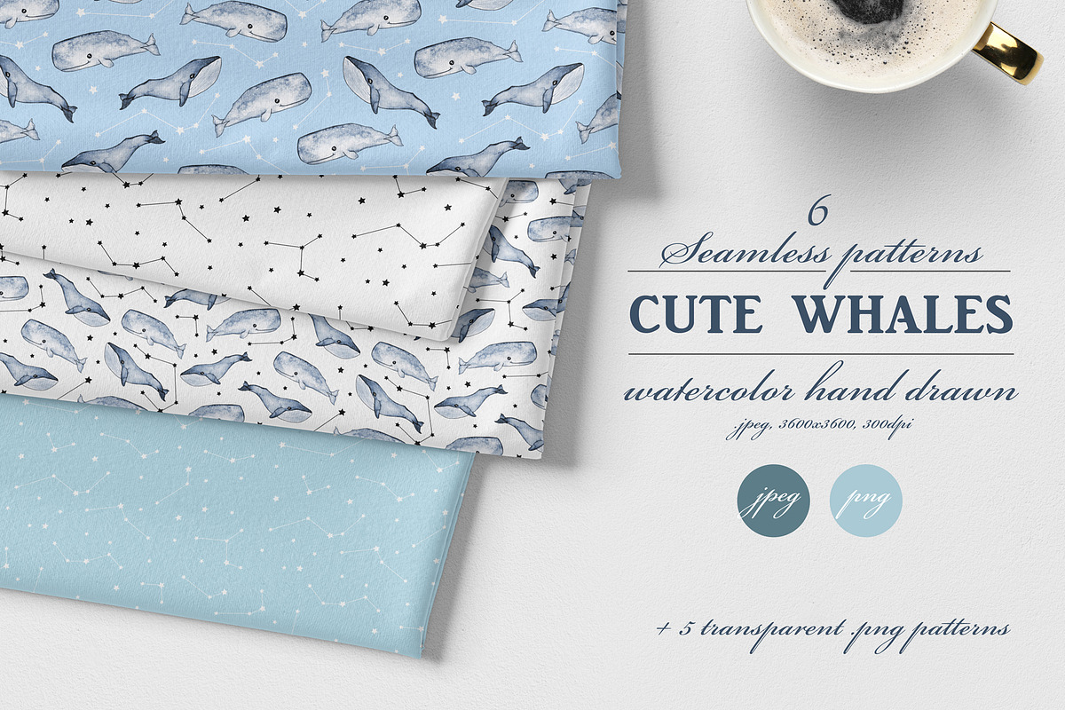 Cute Whales. Seamless patterns, a Pattern Graphic by JuliaBadeeva (Photo 1 of 5)