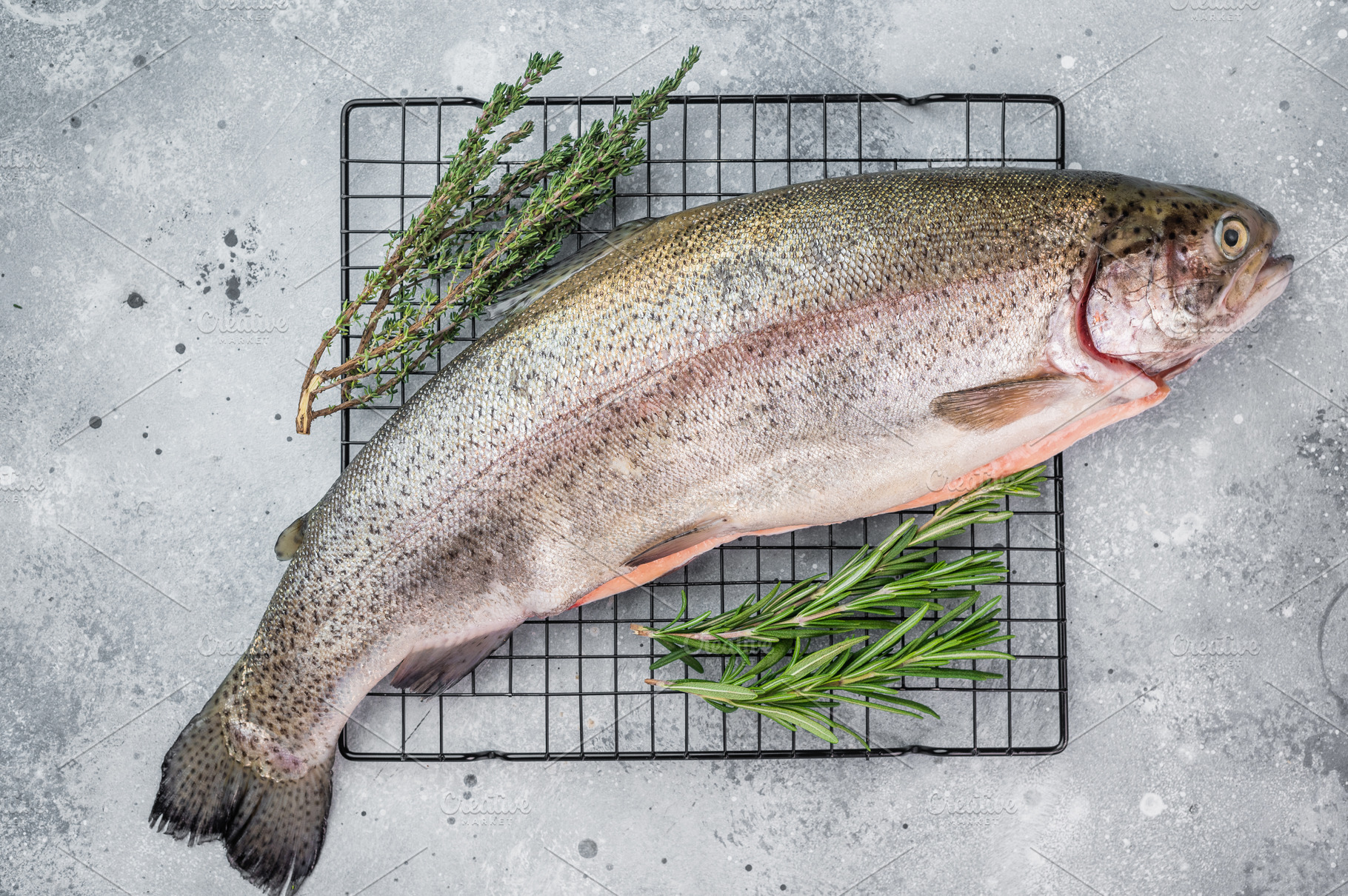 Fresh whole trout fish with herbs uncooked rustic seafood prepar, a Food & Drink Photo by composter-box@mail.ru