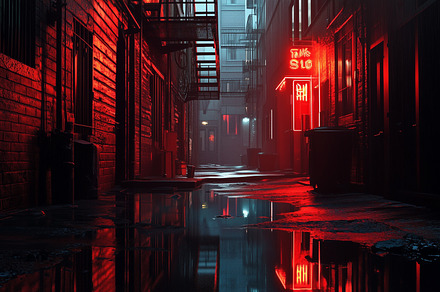 Alleyway with fire escape and neon, a Background Photo by MistyDay